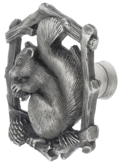 1 1/2 inch X 1 5/8 inch H Gray Squirrel Knobs in Antique Pewter Left Side.